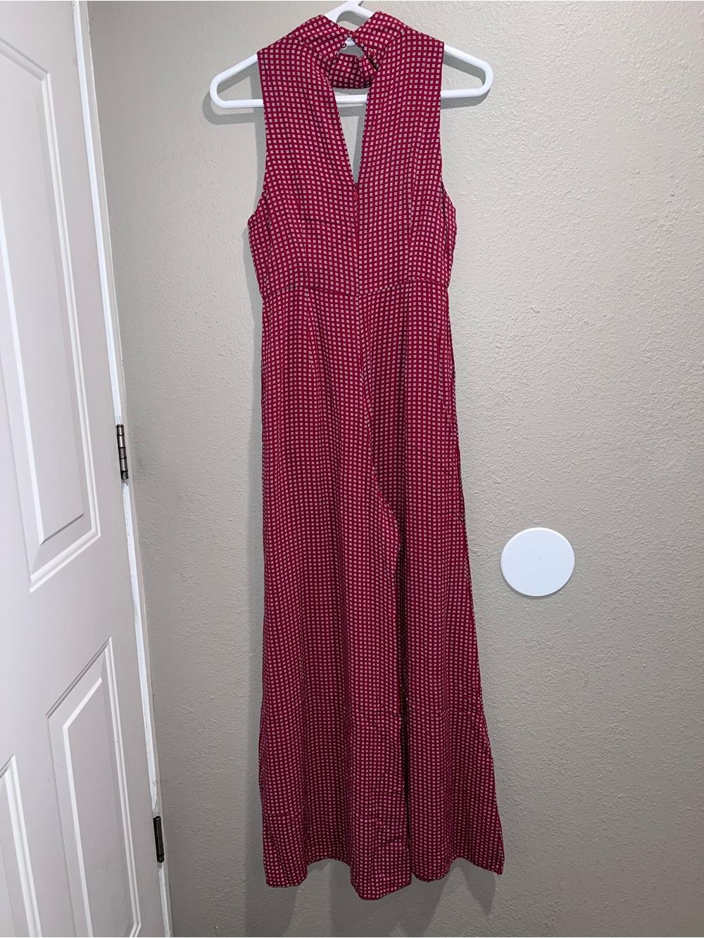 Maeve Anthropologie Red Geometric Floral Halter Wide Leg Jumpsuit Size 2 Rayon - Picture 2 of 14